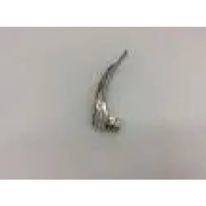 Silver metallic curved earring styled with small decorative base element shown with rusch mac-4 stainless steel laryngoscope fiber optic blade