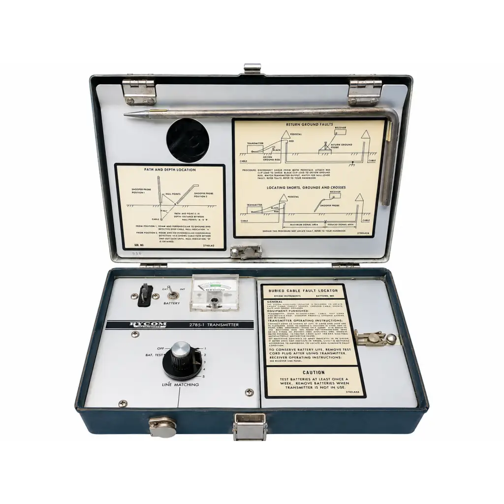 Black and silver rycom 2793-t transmitter with dial gauge switch in carrying case for buried cable fault locator kit