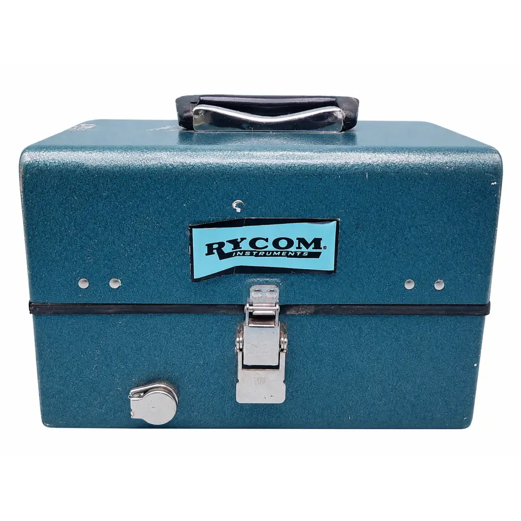 Teal metallic rycom instruments carrying case with black handle and silver latch for buried cable fault locator kit