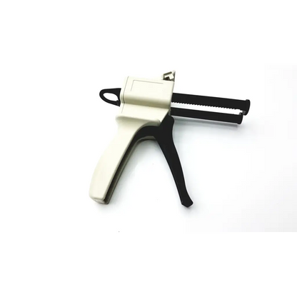 Black and off-white ergonomic caulk gun with serrated nozzle for s-50 impression material cartridges ds50 1 to 1 and 2 to 1