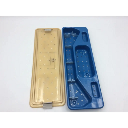 Beige and blue plastic surgical instrument tray with molded compartments for acmi mra-gt telescope with lid