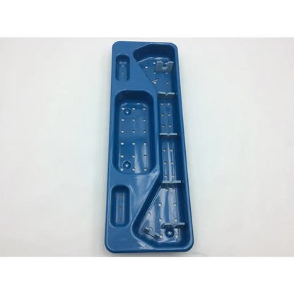 Blue plastic tray with compartments and molded slots for acmi mra-gt telescope with lid storage and organization