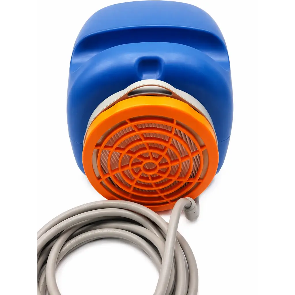 Blue and orange plastic sage prevalon hepa equipped high-volume air pump with coiled gray hose assembly cord