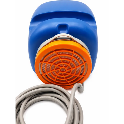 Blue and orange plastic sage prevalon hepa equipped high-volume air pump with coiled gray hose assembly cord