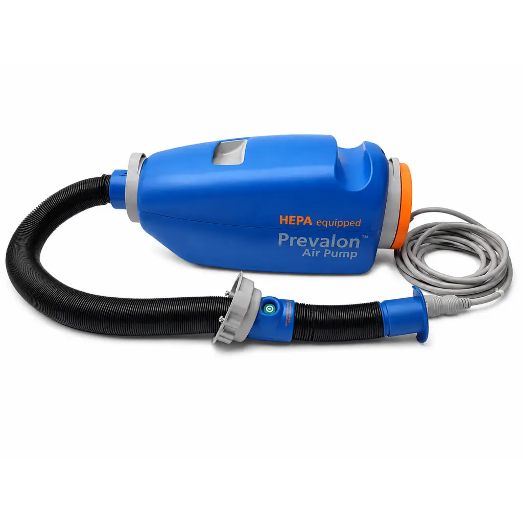 Sage prevalon hepa equipped high-volume blue air pump with black hose assembly and gray power cord featuring hepa filter label