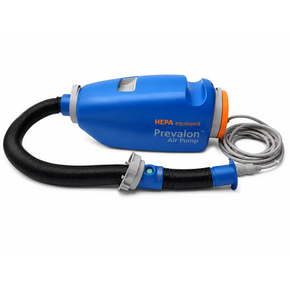 Sage prevalon hepa equipped high-volume blue air pump with black hose assembly and gray power cord featuring hepa filter label