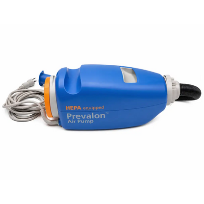 Sage prevalon hepa equipped air pump in blue and gray with orange accents and hose assembly for high-volume use