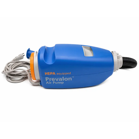 Sage prevalon hepa equipped air pump in blue and gray with orange accents and hose assembly for high-volume use