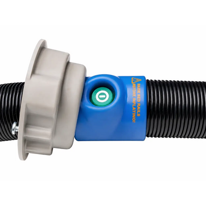 Blue plastic control head with green button and gray cap attached to black hose on sage prevalon hepa equipped air pump hose assembly
