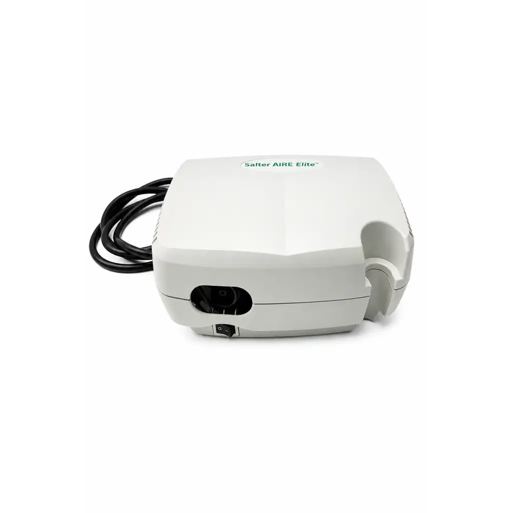 White plastic Salter Labs Aire Elite biomed certified nebulizer compressor with coiled black power cord and side medication port