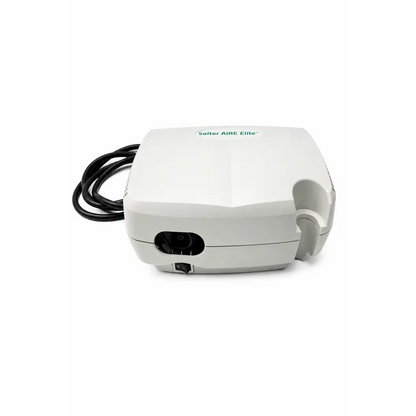 White plastic Salter Labs Aire Elite biomed certified nebulizer compressor with coiled black power cord and side medication port