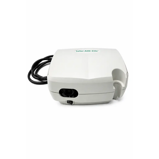 White plastic Salter Labs Aire Elite nebulizer compressor with coiled black power cord and side medication port