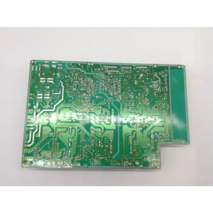 Green rectangular printed circuit board with silver traces and soldered pads for samsung pspf501a01a power supply board