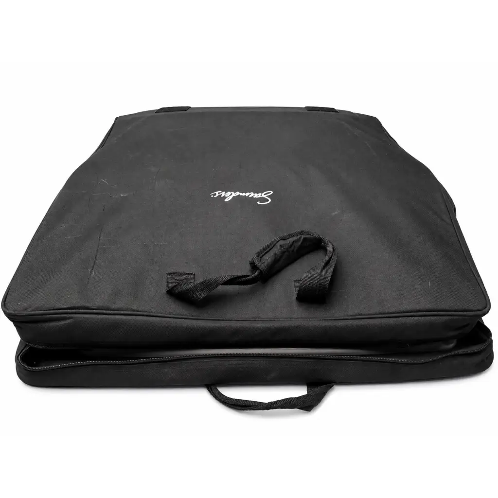 Black fabric carrying case with white embroidered logo and reinforced handles for saunders lumbar traction device