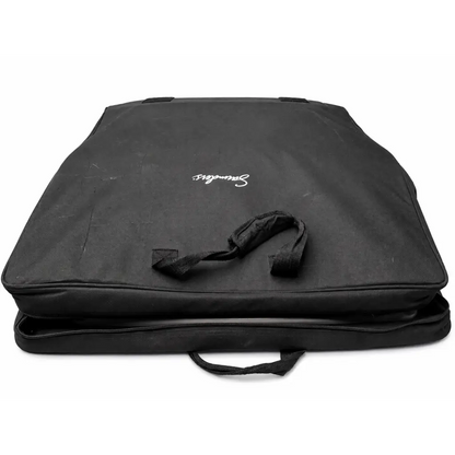 Black fabric carrying case with white embroidered logo and reinforced handles for saunders lumbar traction device