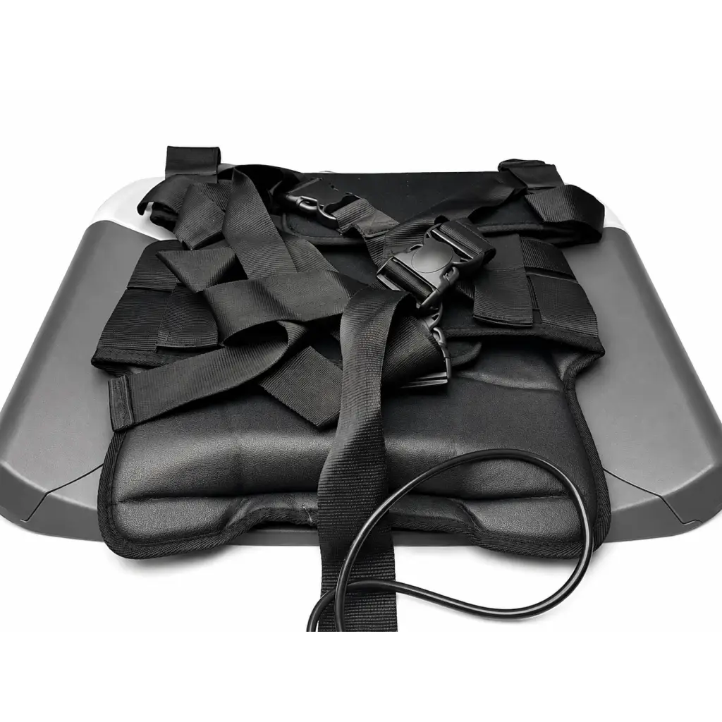 Black padded seat belt harness with adjustable straps and plastic buckles for saunders at-home lumbar traction device with carrying case