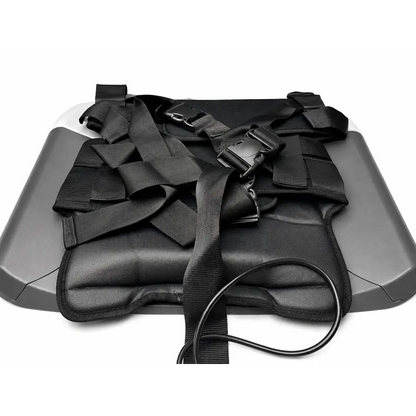 Black padded seat belt harness with adjustable straps and plastic buckles for saunders at-home lumbar traction device with carrying case