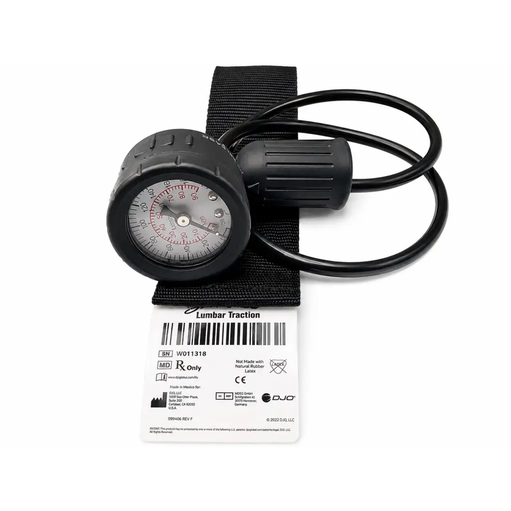 Black rubber-laced saunders at-home lumbar traction device with circular gauge and coiled tubing in carrying case