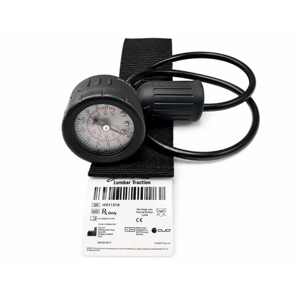 Black rubber-laced saunders at-home lumbar traction device with circular gauge and coiled tubing in carrying case