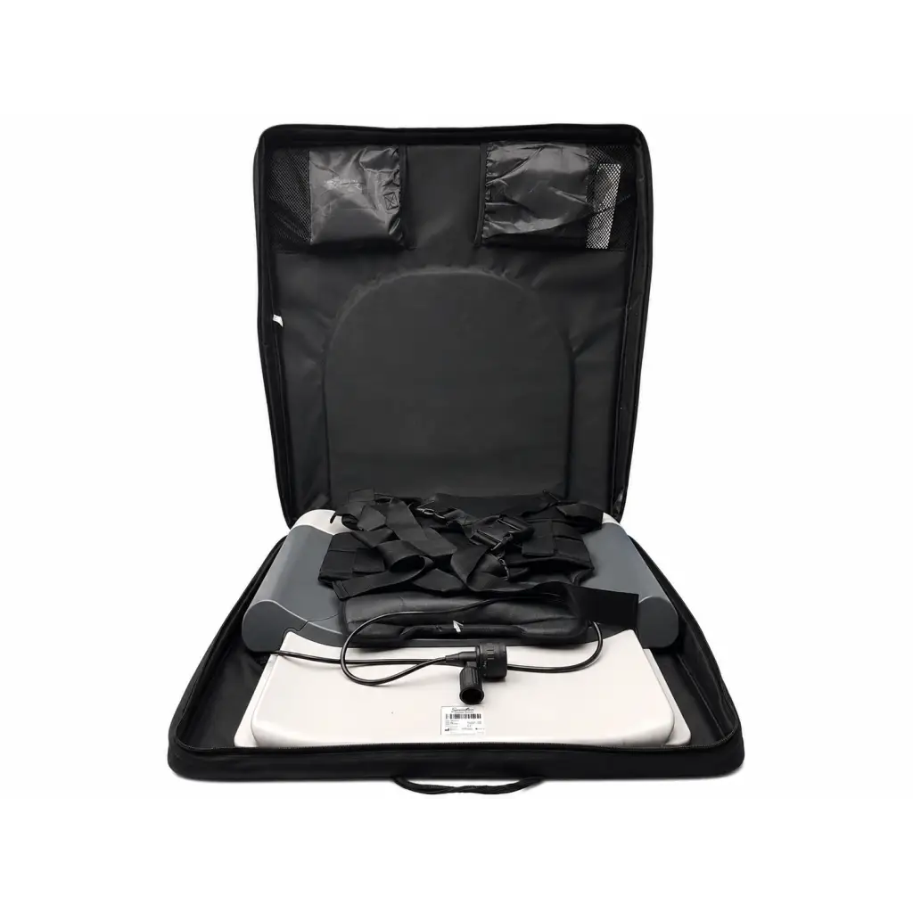 Black carrying case with white and gray inflatable lumbar traction device and power cord for at-home use by Saunders