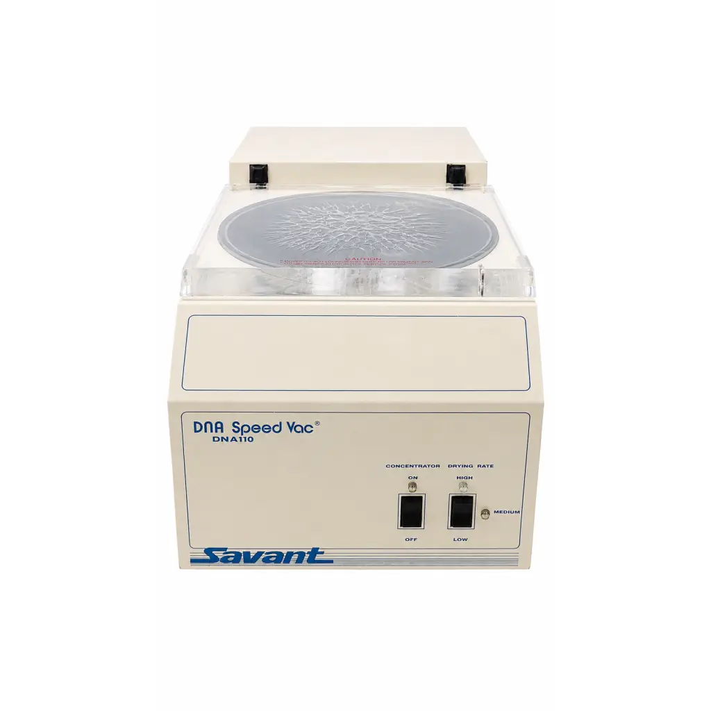 Cream-colored biomed certified Savant DNA110 DNA speed vac concentrator with clear chamber and control knobs for drying rate