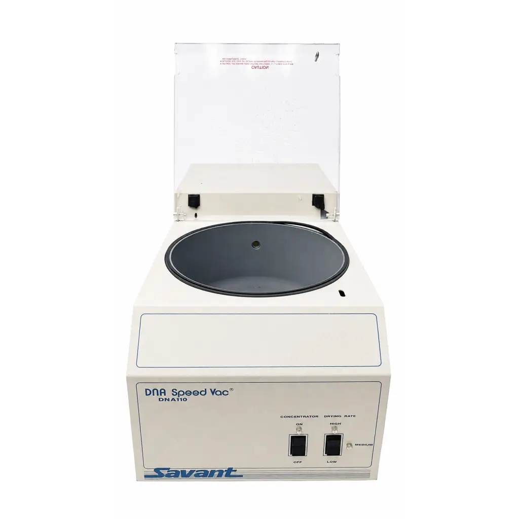 Savant DNA110 biomed certified dna speed vac concentrator with white body transparent lid and black rotor chamber