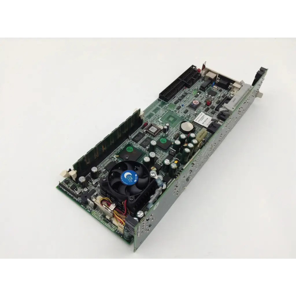 Green circuit board with black components and blue fan featuring connectors and capacitors b930066tab1658825 industrial mainboard