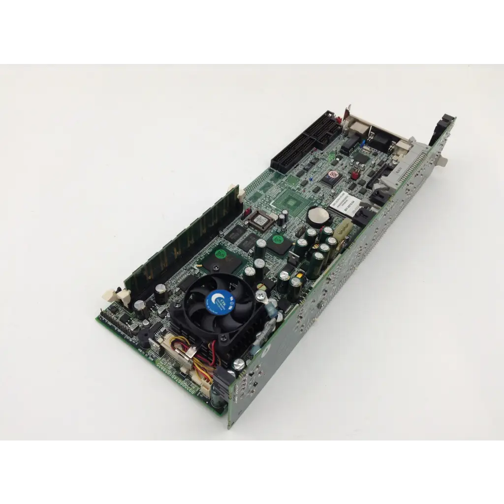 Green circuit board with black fan and silver metallic casing of b930066tab1658825 industrial mainboard cpu card