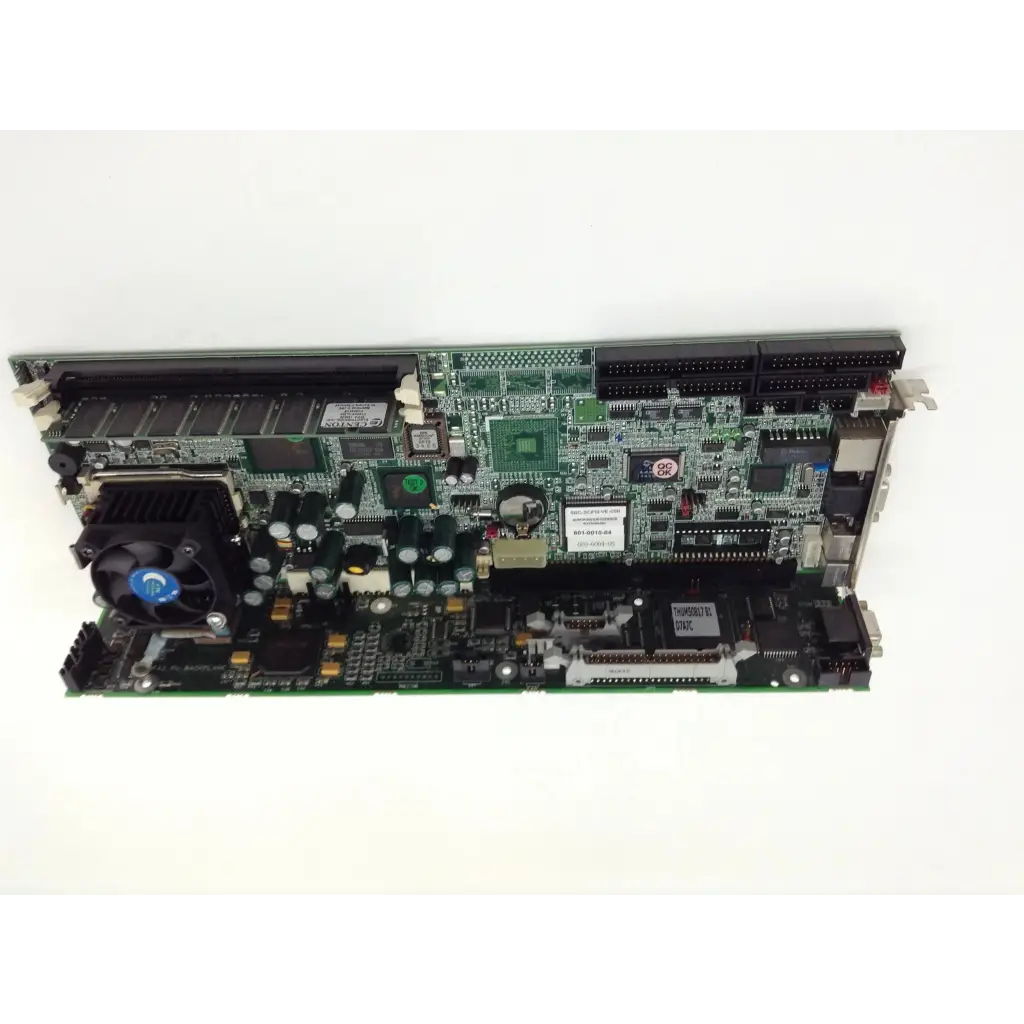 Green circuit board with black components and blue fan on b930066tab1658825 industrial mainboard cpu card
