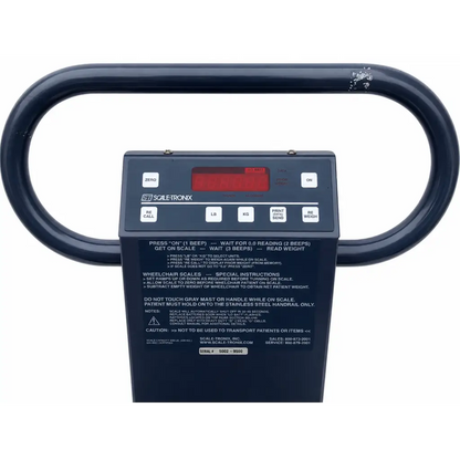 Dark blue scale-tronix wheelchair scale with handrail biomed certified digital display and control buttons