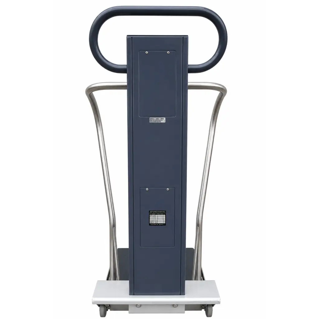 Dark gray industrial-grade scale-tronix wheelchair scale with sturdy metal frame and handle biomed certified
