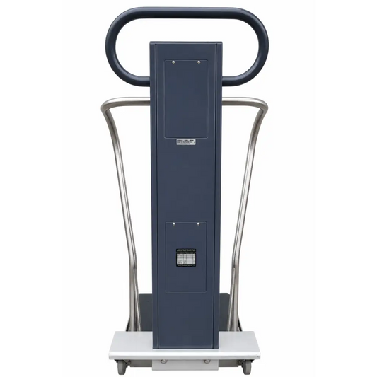 Dark gray industrial-grade scale-tronix wheelchair scale with sturdy metal frame and handle