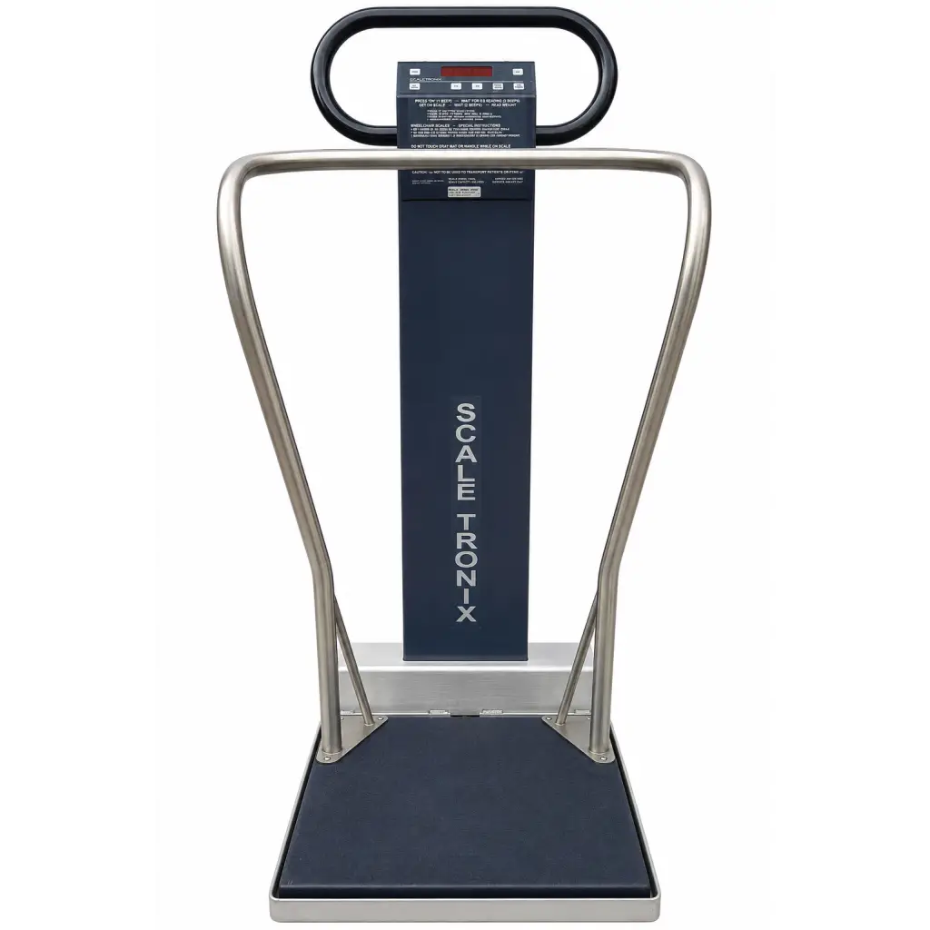 Silver-framed biomed certified Scale-Tronix wheelchair scale with black display panel and navy blue weighing surface