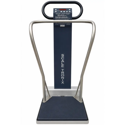 Silver-framed biomed certified Scale-Tronix wheelchair scale with black display panel and navy blue weighing surface