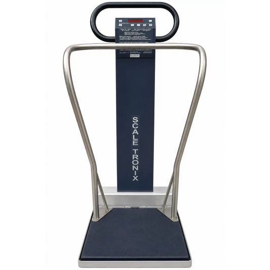 Silver-framed Scale-Tronix wheelchair scale with black display panel and navy blue weighing surface