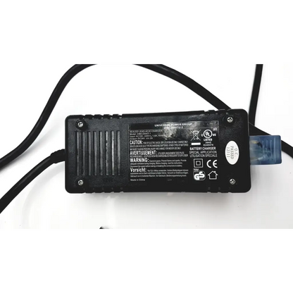 Black plastic scooter power wheelchair battery charger with blue connector and ventilation slots on the side