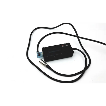 Black rectangular scooter power wheelchair battery charger with coiled cable and xlr and blue connectors 24v 2a