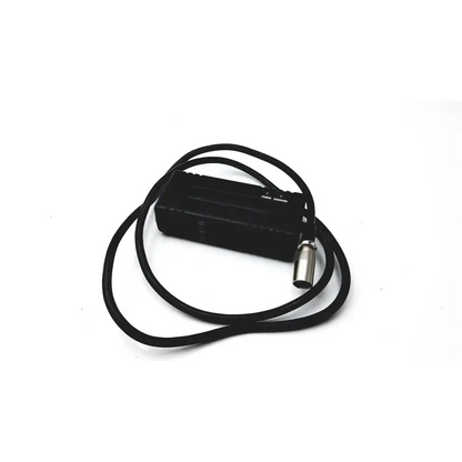 Black rectangular scooter power wheelchair battery charger with coiled cable and silver xlr connector for power supply