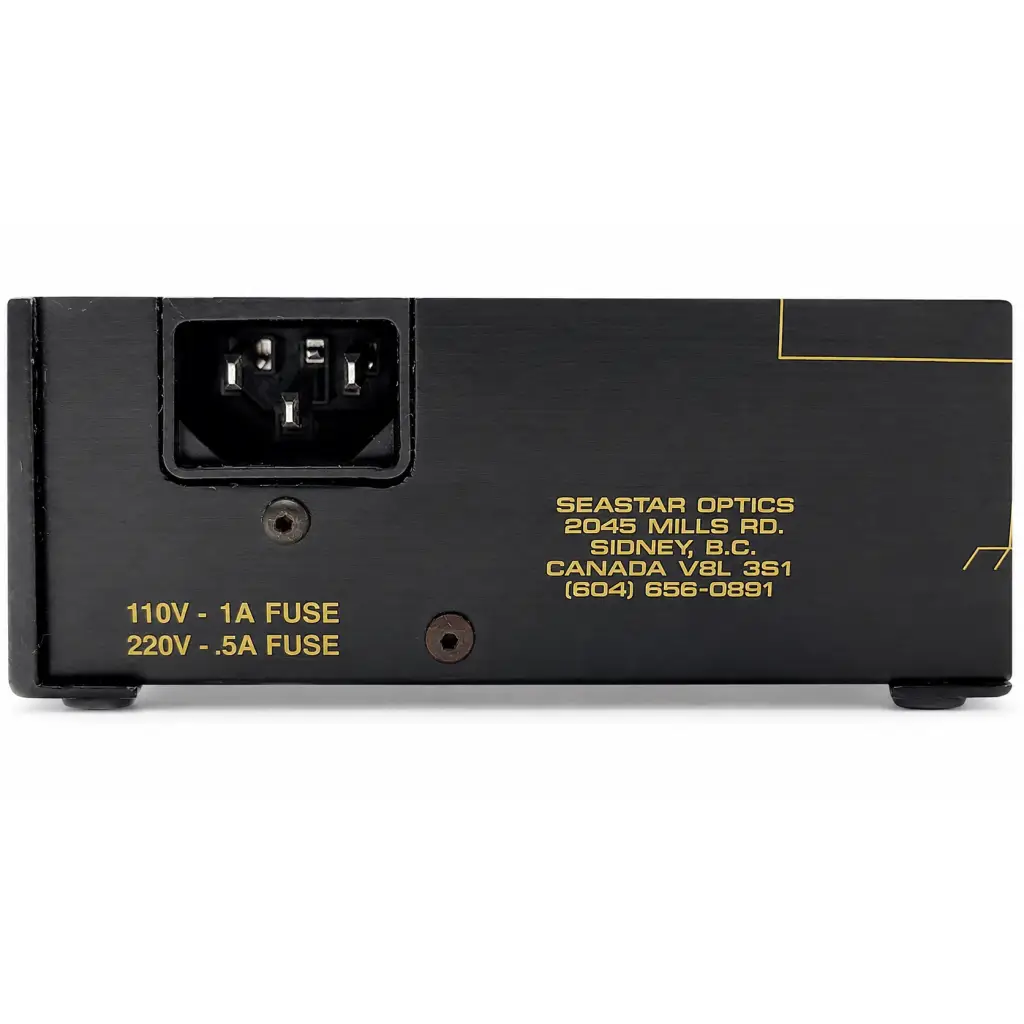 Black seastar optics laser diode driver with gold lettering and power input port shown from the back side