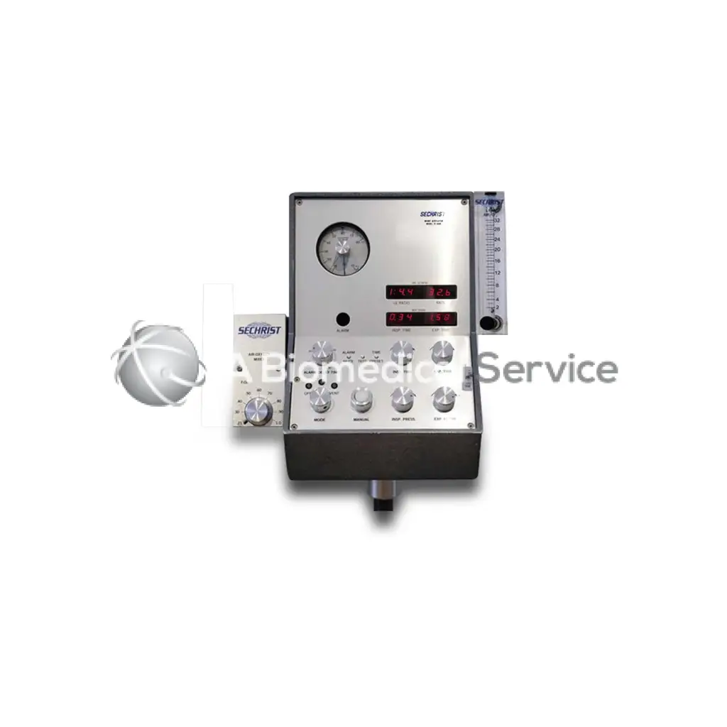 Silver metallic sechrist iv-100b infant pediatric ventilator with digital readouts and control knobs for biomedical service