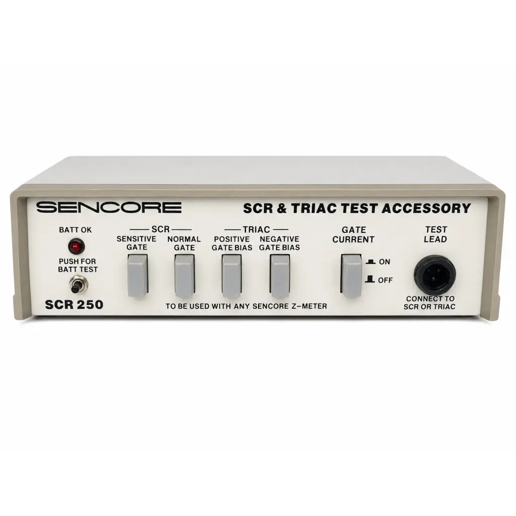 Sencore SCR 250 beige and white triac test accessory with labeled gate current setting switches