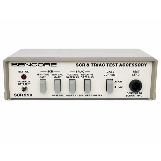 Sencore SCR 250 beige and white triac test accessory with labeled gate current setting switches