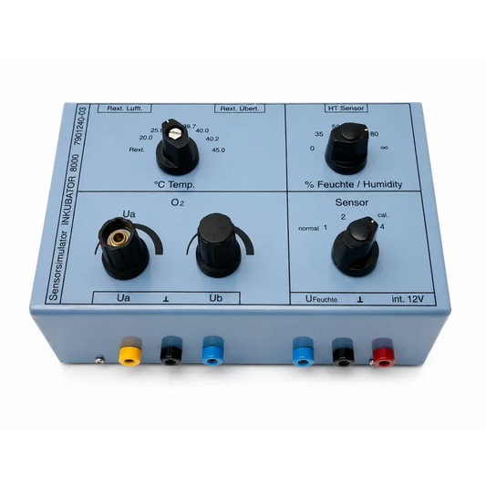 Light blue sensorsimulator inkubator test box with black knobs for temperature humidity oxygen levels