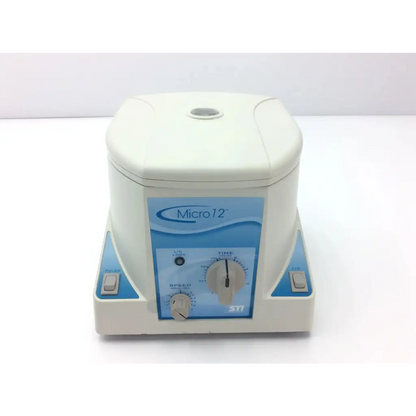 White plastic separation technology micro 12 high-performance microcentrifuge with blue control panel and dials