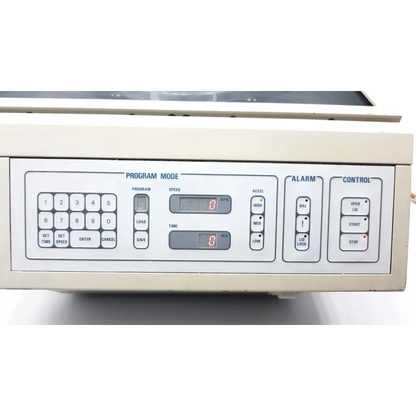 Beige industrial control panel with digital displays and labeled buttons on shandon life sciences 74000102 cytospin 3 centrifuge