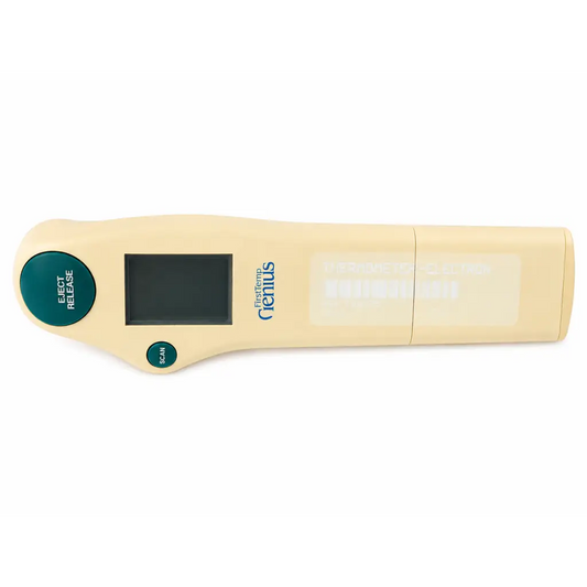 Beige plastic sherwood medical 3000a infrared tympanic thermometer with green buttons and lifetech genius brand name