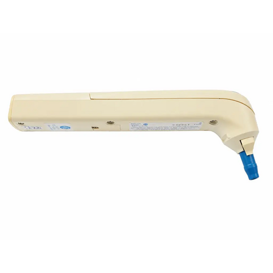 Cream-colored plastic sherwood medical 3000a infrared tympanic thermometer with blue tip and curved handle for ear use