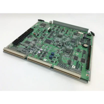 Green printed circuit board of shimadzu sarano 470cvd board bbcf5-4 with black integrated circuits and colorful capacitors