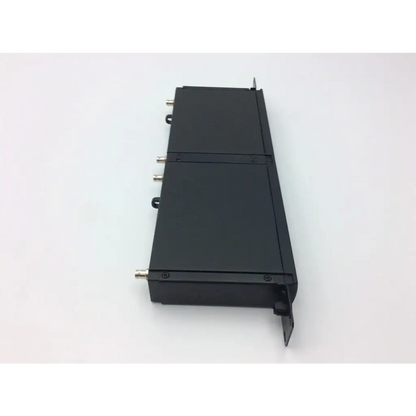 Black rectangular shure slx4 mhz receiver back side with three silver connectors and mounting bracket at the bottom