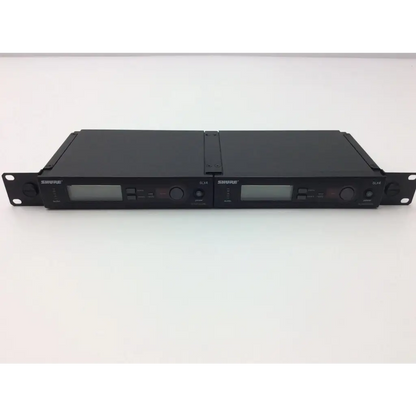 Black shure slx4 rack-mountable mhz receiver units with digital displays and control knobs for audio management